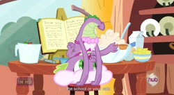 Size: 1585x869 | Tagged: safe, derpibooru import, screencap, spike, dragon, just for sidekicks, book, cooking, golden oaks library, lemon, youtube caption, youtube link