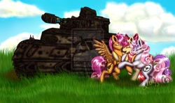 Size: 1024x608 | Tagged: safe, artist:tasertail, derpibooru import, apple bloom, scootaloo, sweetie belle, cutie mark crusaders, tank (vehicle), watermark