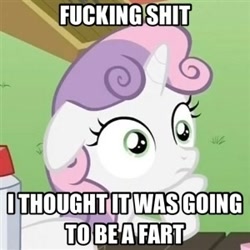 Size: 300x300 | Tagged: safe, derpibooru import, edit, edited screencap, screencap, sweetie belle, pony, unicorn, ponyville confidential, female, filly, horn, image macro, implied sharting, meme, solo, sudden clarity sweetie belle, text, that wasn't a fart, two toned mane, vulgar, white coat, wide eyes