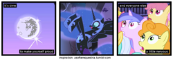 Size: 1200x420 | Tagged: safe, derpibooru import, edit, edited screencap, screencap, carrot top, golden harvest, nightmare moon, sea swirl, seafoam, friendship is magic, a softer world, mare in the moon, moon, screencap comic