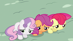 Size: 1280x720 | Tagged: safe, derpibooru import, screencap, apple bloom, scootaloo, sweetie belle, one bad apple, cute, cutie mark crusaders, sad