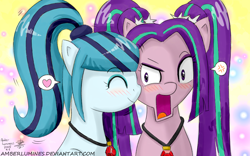 Size: 1920x1200 | Tagged: safe, artist:vanillafox2035, aria blaze, sonata dusk, pony, equestria girls, rainbow rocks, arisona, blushing, equestria girls ponified, ponified, shipping