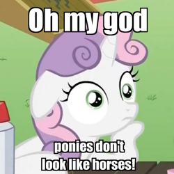Size: 500x500 | Tagged: safe, derpibooru import, edit, edited screencap, screencap, sweetie belle, pony, unicorn, ponyville confidential, cropped, exploitable meme, female, filly, floppy ears, hoof on chin, horn, image macro, meme, solo, sudden clarity sweetie belle, text, two toned mane, white coat, wide eyes