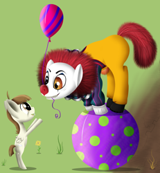Size: 2914x3157 | Tagged: safe, artist:super-zombie, derpibooru import, featherweight, ball, balloon, clown, crossover, it, pennywise, ponified, ponywise, this will end in tears and/or death