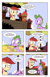 Size: 1320x2040 | Tagged: safe, artist:karzahnii, derpibooru import, roseluck, spike, dragon, comic, spanish, tales from ponyville, translation