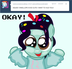 Size: 500x477 | Tagged: safe, artist:alisonwonderland1951, derpibooru import, ask, ask the wreck-it ralph ponies, cute, ponified, sugar rush, tumblr, vanellope von schweetz, wreck-it ralph