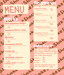 Size: 600x700 | Tagged: safe, artist:asksugarmalt, derpibooru import, ask sugar malt, drink, ice cream, menu, shake shack, soda