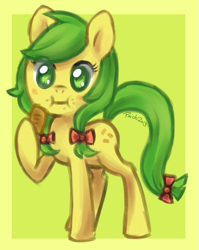 Size: 641x804 | Tagged: safe, artist:magicalcat, derpibooru import, apple fritter, apple family member, apple fritter (food), eating, food, solo