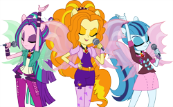 Size: 4830x3000 | Tagged: safe, artist:theshadowstone, adagio dazzle, aria blaze, sonata dusk, equestria girls, rainbow rocks, fin wings, microphone, ponied up, simple background, the dazzlings, transparent background, vector, wings