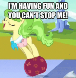 Size: 301x310 | Tagged: safe, derpibooru import, edit, edited screencap, screencap, chickadee, ms. peachbottom, games ponies play, and nopony can stop me, animated, caption, eyes closed, open mouth, reaction image, smiling, solo, spinning, suitcase