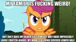 Size: 624x350 | Tagged: safe, derpibooru import, screencap, scootaloo, oc, oc:milky way, pony, the return of harmony, cow and chicken, female, image macro, mare, meme, scootachicken, solo