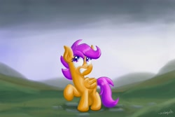 Size: 1095x730 | Tagged: safe, artist:scrimpeh, derpibooru import, scootaloo, pegasus, female, filly, orange coat, purple mane, solo