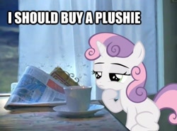 Size: 500x369 | Tagged: safe, derpibooru import, sweetie belle, all caps, image macro, impact font, irl, philosobelle, photo, ponies in real life