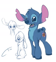 Size: 1528x1672 | Tagged: safe, artist:cybertoaster, derpibooru import, crossover, floppy ears, lilo and stitch, nose wrinkle, open mouth, ponified, sad, smiling, solo, stitch