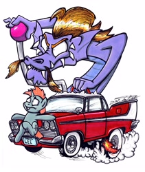 Size: 2680x3168 | Tagged: safe, artist:sketchywolf-13, derpibooru import, snips, steven magnet, pony, unicorn, car, christine, controller, fire, hilarious in hindsight, ignition, joystick, lee tockar, plymouth, plymouth fury, rat fink, serpent, simple background, smoke, voice actor joke