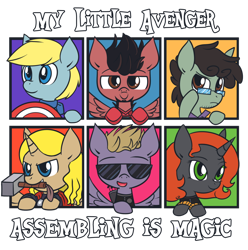 Size: 800x807 | Tagged: safe, artist:ecokitty, derpibooru import, avengers, black widow (marvel), bruce banner, captain america, hawkeye, iron man, ponified, steve rogers, the incredible hulk, thor, tony stark