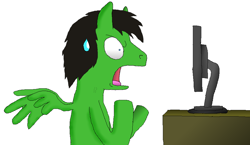 Size: 950x550 | Tagged: safe, artist:hedgehogninja94, derpibooru import, oc, jack t. herbert, ponified, sweatdrop, wtf