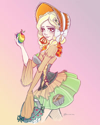Size: 800x1000 | Tagged: safe, artist:noflutter, derpibooru import, granny smith, basket, bonnet, clothes, corset, humanized, skirt, solo, young granny smith, younger, zap apple