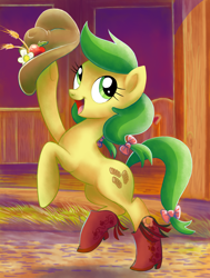 Size: 1500x1987 | Tagged: safe, artist:yulyeen, derpibooru import, apple fritter, apple family member, boots, happy, hat, hoof boots, ribbon