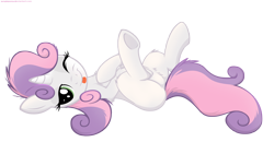 Size: 6000x3375 | Tagged: safe, artist:illuminatiums, derpibooru import, sweetie belle, absurd resolution, bed, bedroom eyes, featureless crotch, fluffy, on back, simple background, sultry pose, transparent background, vector, wink