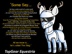 Size: 900x675 | Tagged: safe, artist:aa, derpibooru import, deer, original species, helmet, op is a genius, op is a swan, parody, poster, text, the stig, top gear