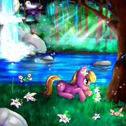 Size: 4000x4000 | Tagged: safe, artist:wendysakana, derpibooru import, lily, lily valley, parasprite, absurd resolution, flower, forest, moonlight, scenery, waterfall