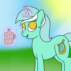 Size: 1280x1280 | Tagged: artist needed, safe, derpibooru import, lyra heartstrings, pony, unicorn, 30 minute art challenge, alcohol, bottle, drink, magic, no pupils, smiling, solo, telekinesis