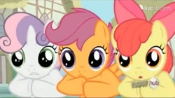 Size: 639x359 | Tagged: safe, derpibooru import, screencap, apple bloom, scootaloo, sweetie belle, livestream, the hub