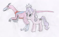 Size: 2549x1613 | Tagged: safe, artist:wesdaaman, derpibooru import, diamond tiara, dinosaur, earth pony, pony, velociraptor, chantal strand, colored pencil drawing, crossover, dinosaur train, duo, feathered dinosaur, female, filly, foal, traditional art, valerie velociraptor