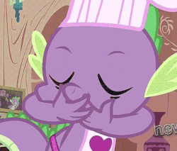 Size: 400x340 | Tagged: safe, artist:rubypinch, derpibooru import, spike, dragon, animated, apron, chef's hat, clothes, eating, gem, golden oaks library, hat, le ruse master, male, naked apron, solo, trollface, trollspike
