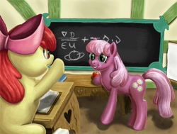 Size: 1500x1133 | Tagged: safe, artist:zevironmoniroth, derpibooru import, apple bloom, cheerilee, earth pony, pony, apple, book, chalkboard, classroom, desk, duo, duo female, female, filly, mare, ponyville schoolhouse, school, teacher and student