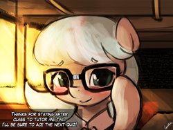 Size: 960x720 | Tagged: safe, artist:lumineko, coco pommel, 30 minute art challenge, blushing, cocobetes, cute, dialogue, glasses, math, smiling