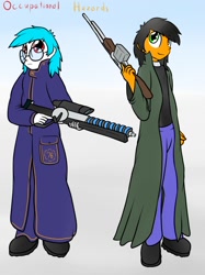 Size: 956x1280 | Tagged: safe, artist:the-furry-railfan, oc, oc only, oc:minty candy, oc:twintails, fallout equestria, fallout equestria: occupational hazards, equestria girls, b.a.r., clothes, coat, equestria girls-ified, gauss rifle, glasses, gun, rifle, trenchcoat, trigger discipline