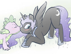 Size: 640x480 | Tagged: safe, artist:justpony, derpibooru import, nightmare moon, spike, dragon, 2ch, blushing, eyes closed, face down ass up, female, kissing, looking away, male, shipping, shy, spikemoon, spiluna, spread wings, straight