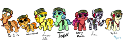 Size: 1700x580 | Tagged: safe, artist:aa, derpibooru import, tag-a-long, oc, oc:berry munch, oc:do-si-do, oc:dulce deleche, oc:samoa, oc:savannah smile, oc:trefoil, butterfly, earth pony, pegasus, pony, unicorn, zebra, just for sidekicks, ask a filly scout, beret, charity, colored, cookie, ear piercing, earring, female, filly, filly guides, filly scouts, food, freckles, hat, jewelry, open mouth, piercing, pigtails, sash, simple background, sketch, smiling, thin mint, white background, zebra oc