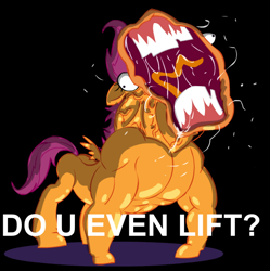 Size: 564x566 | Tagged: safe, derpibooru import, scootaloo, brutaloo, do you even lift, hoers, muscles, nightmare fuel, strongaloo, wat