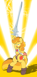 Size: 2432x5038 | Tagged: safe, artist:v-d-k, derpibooru import, braeburn, pony, bipedal, he-man, parody