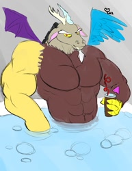 Size: 765x990 | Tagged: safe, artist:caseyljones, derpibooru import, discord, bara, deltscord, hot tub, muscles, overdeveloped muscles, solo