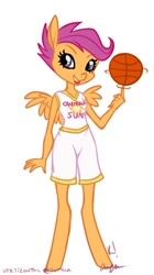 Size: 390x695 | Tagged: safe, artist:vertizontal, derpibooru import, scootaloo, anthro, basketball, female, looking at you, simple background, skinny, smiling, solo, sports, white background, wings