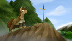 Size: 2880x1620 | Tagged: safe, derpibooru import, armor, cape, chainmail, clothes, crossover, forest, king arthur, ponified, sword, sword in the stone