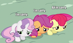 Size: 894x532 | Tagged: safe, derpibooru import, apple bloom, scootaloo, sweetie belle, cute, cutie mark crusaders, image macro, sad