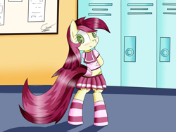 Size: 2000x1500 | Tagged: safe, artist:bloodwolvenl, derpibooru import, roseluck, pony, bipedal, blushing, clothes, schoolgirl, solo