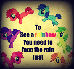 Size: 500x467 | Tagged: safe, derpibooru import, oc, oc only, earth pony, pony, pony creator, blank flank, deep, female, filly, groovy, impact font, inspiration, inspirational, inspired, mare, poster, rainbow, text