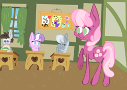 Size: 2171x1548 | Tagged: safe, artist:iguana14, derpibooru import, cheerilee, diamond tiara, silver spoon, truffle shuffle, burger, ponyville schoolhouse