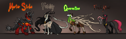 Size: 3223x991 | Tagged: safe, artist:alorix, oc, oc only, oc:fatality, oc:fresh meat, oc:mortar strike, oc:quarantine, deer, monster pony, armor, clothes, dark background, death, doomocalypse, famine, four horsemen of the apocalypse, horseman of death, horseman of famine, horseman of pestilence, horseman of war, metal as fuck, monster, pestilence, quartet, skull, war