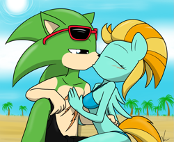 Size: 1329x1085 | Tagged: safe, artist:sandwich-anomaly, derpibooru import, lightning dust, anthro, beach, bikini, clothes, crossover, crossover shipping, kissing, partial nudity, scourge the hedgehog, sonic the hedgehog, sonic the hedgehog (series), swimsuit, topless