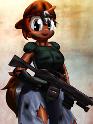 Size: 1500x2000 | Tagged: safe, artist:burgerkiss, oc, oc only, oc:rust yards, anthro, unicorn, fallout equestria, anthro oc, backwards ballcap, baseball cap, body armor, cap, combat armor, dirty, explicit source, female, gloves, gun, hat, looking at you, mare, no trigger discipline, pants, ripped pants, shotgun, solo, torn clothes