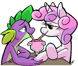 Size: 488x411 | Tagged: safe, artist:xxmentalincxx, derpibooru import, spike, sweetie belle, dragon, female, interspecies, male, milkshake, older, shipping, spikebelle, straight, table