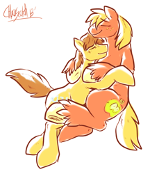 Size: 1280x1484 | Tagged: safe, artist:chocoscotch, artist:kure, derpibooru import, big macintosh, caramel, earth pony, pony, caramac, cuddling, gay, male, shipping, stallion