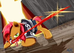 Size: 1232x880 | Tagged: safe, artist:frist44, babs seed, pony, bloom and gloom, antagonist, clothes, crossover, cutie mark, female, hilarious in hindsight in the comments, kill la kill, mouth hold, obari pose, ryuko matoi, scissor blade, scissors, solo, that was fast